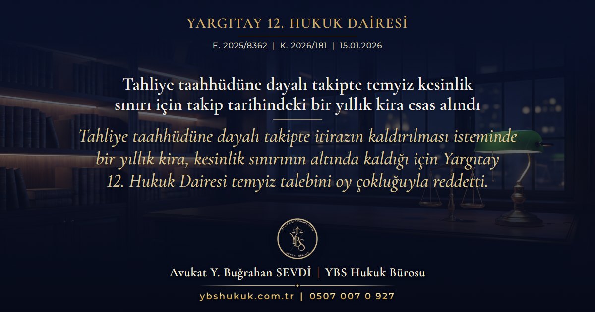 Yargıtay 12. Hukuk Dairesi, E. 2025/8362, K. 2026/181, 15.01.2026 | Tahliye taahhüdüne dayalı takipte temyiz kesinlik sınırı için takip tarihindeki bir yıllık kira esas alındı | Tahliye taahhüdüne dayalı takipte itirazın kaldırılması isteminde bir yıllık kira, kesinlik sınırının altında kaldığı için Yargıtay 12. Hukuk Dairesi temyiz talebini oy çokluğuyla reddetti.
