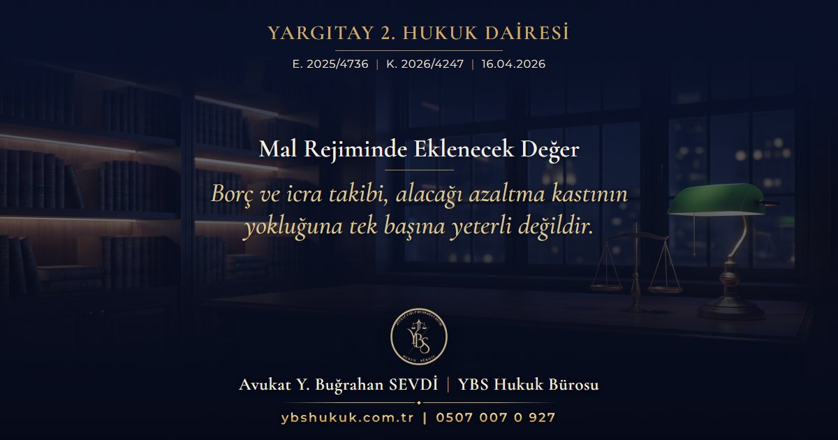 Yargıtay 2. Hukuk Dairesi, E. 2025/4736, K. 2026/4247, 16.04.2026 | Mal Rejiminde Eklenecek Değer | Borç ve icra takibi, alacağı azaltma kastının yokluğuna tek başına yeterli değildir.