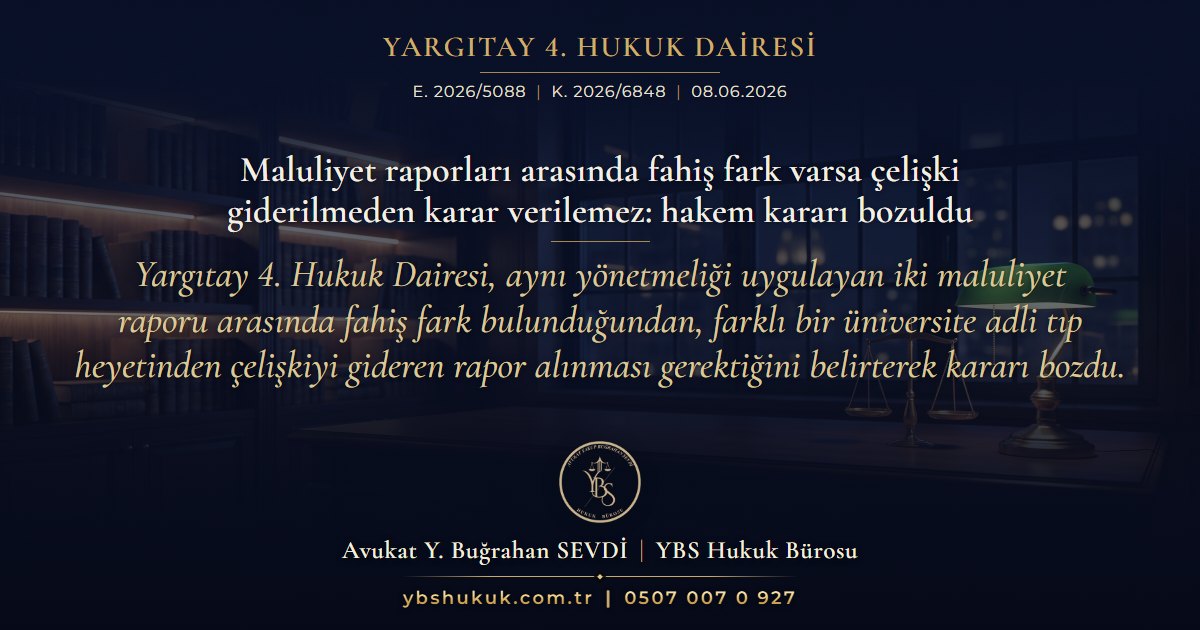 Yargıtay 4. Hukuk Dairesi, E. 2026/5088, K. 2026/6848, 08.06.2026 | Maluliyet raporları arasında fahiş fark varsa çelişki giderilmeden karar verilemez: hakem kararı bozuldu | Yargıtay 4. Hukuk Dairesi, aynı yönetmeliği uygulayan iki maluliyet raporu arasında fahiş fark bulunduğundan, farklı bir üniversite adli tıp heyetinden çelişkiyi gideren rapor alınması gerektiğini belirterek kararı bozdu.